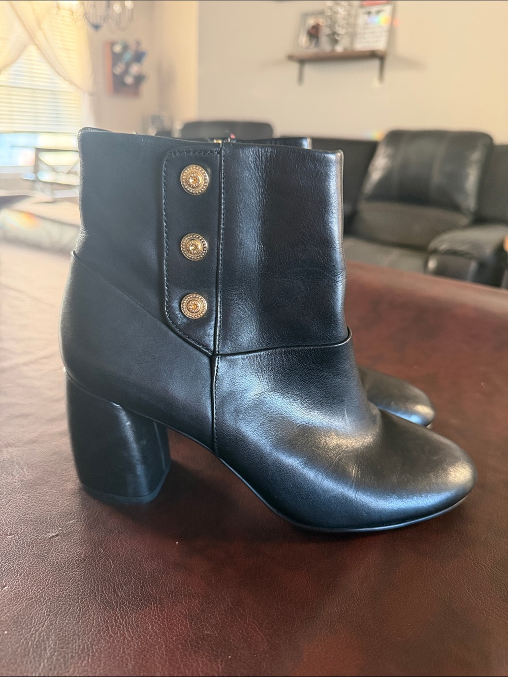 Nine West Black Leather Ankle Boots with Gold Button Accents
